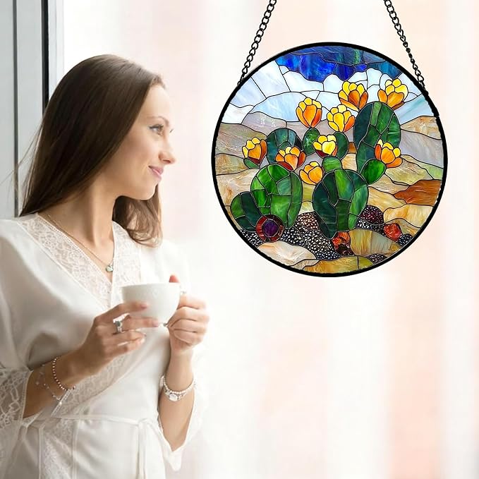 QZQCBLC Stained Glass Window Hanging Green Cactus with Yellow Flowers Large 15" - Suncatcher Door Garden Sun Catcher Home Decor Birthday Christmas for Woman Nana Friend Men Kids