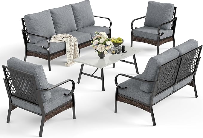 SUNSHINE VALLEY 5 Piece Metal Outdoor Patio Furniture Set, Patio Conversation Set with 1 3-Seater Sofa, 2 Fixed Sofa with 5.75" Thick Cushion & Coffee Table, Black & Gray Backyard Furniture