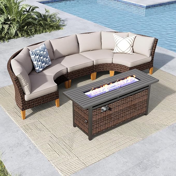MFSTUDIO 6 Pieces Wicker Patio Furniture Set with 56" Fire Pit Table, All-Weather Rattan Patio Conversation Set Outdoor Half-Moon Sectional Sofa Set, 4 x Curved Sofa, 1 x Armless Sofa(Beige Cushion)