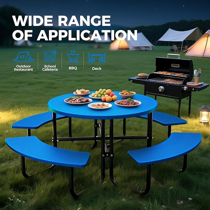 KUFUH 46" Coated Round Metal Picnic Table for 4-8 Person, Durable Heavy Duty Commercial Picnic Table with Umbrella Hole for Outdoor Coffee Shop, School, Easy to Install, Blue