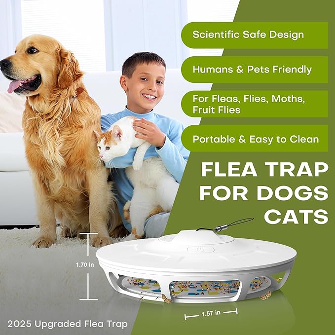 Flea Trap - Indoor Portable Flea Trap with 5 Refills, 9 Long-Lasting UV and Yellow Lights, Super Sticky Glue Cards, Covers up to 600 ft², White