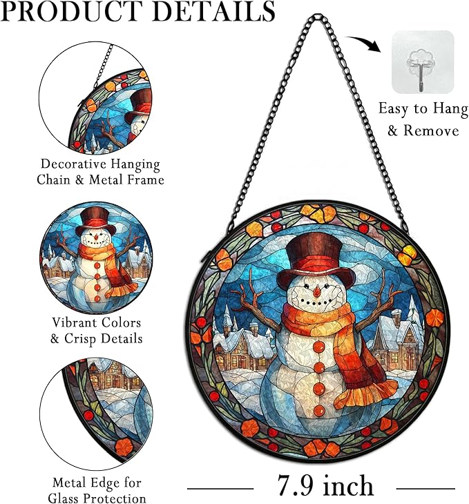 cvjutf Christmas Snowman Suncatcher Stained Glass Window Hanging Decor, Winter Snowman Stained Glass Wall Decor, Christmas Garden Sun Catchers Indoor Window Hanging Wall Art, 7.9x7.9In