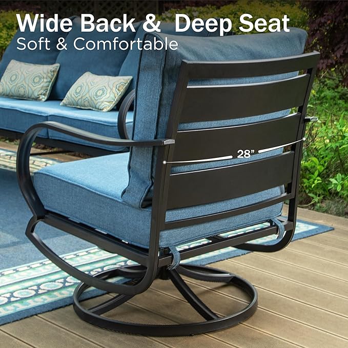 PHI VILLA 6 Piece Patio Furniture Sets with 1 x 3-Seat Deep Seating Bench, 2 x Cushioned Swivel Sofa Chairs, 1 x Coffee Table & 2 Ottoman, Outdoor Metal Conversation Set for Lawn Garden, Navy Blue