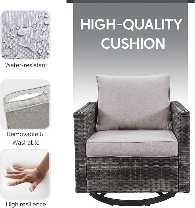 7 Piece Wicker Patio Furniture with Fire Pit Table - Outdoor Conversation Set with 50,000 BTU Fire Pit, All Weather Rattan Patio Set for Deck Backyard Garden - Grey Wicker Beige Cushion