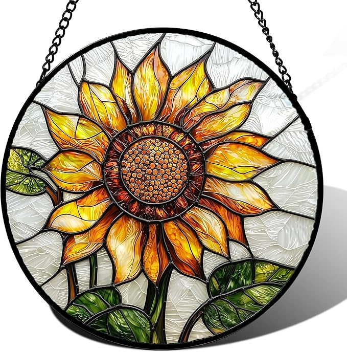 DASTOLL Stained Glass Window Hanging - Sunflower Flower Suncatcher Ready to Hang Window Doors Home Decoration and Christmas, Mother's Day Birthday Gifts for Women, Men, and Mom 14.9x14.9 in