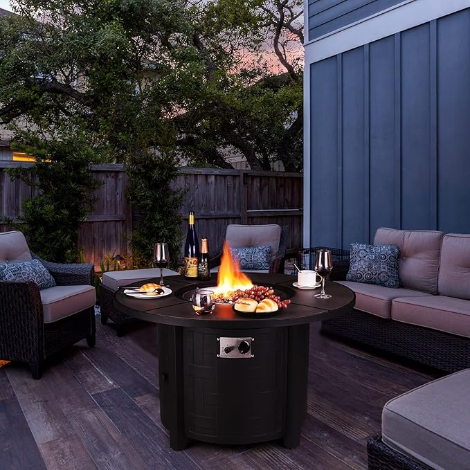 TLGREEN Propane Fire Pit Table 42in, 50,000 BTU Auto-Ignition Round Gas Fire Pits for Outside Patio, Fire Table with Waterproof Cover, Blue Stone and Lid
