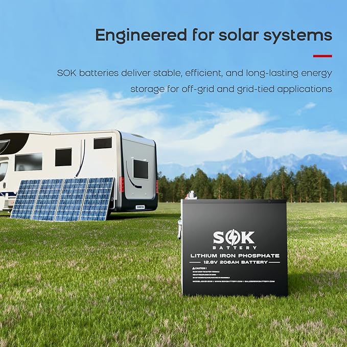 SOK Battery 12V 206Ah LiFePO4 Lithium Battery Deep Cycle Lithium Iron Phosphate Battery with Low-Temp Protection & Built-in Heater Suitable for RV and Solar & Wind Off-Grid Use
