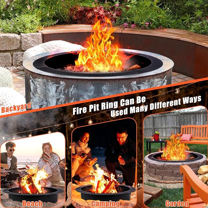 Fire Pit Ring 36-Inch Outer/30-Inch Inner Diameter for Outside, Heavy Duty Steel Wood Burning Fire Pit Ring Insert, DIY Ring Insert, Easy Setup Above or In-Ground for Backyard, Camping, Black