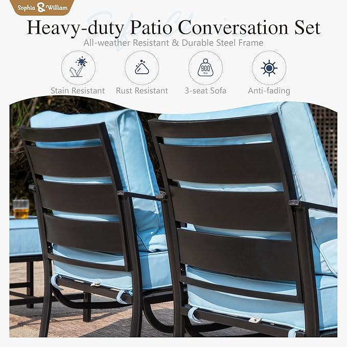 Sophia & William Patio Furniture Sets with 45" Gas Fire Pit Table Outdoor Metal Conversation Sets for 5, 2 x Swivel Cushioned Patio Sofa Chairs, 1 x 3-Seat Sofa 4 Pieces for Lawn Backyard Blue