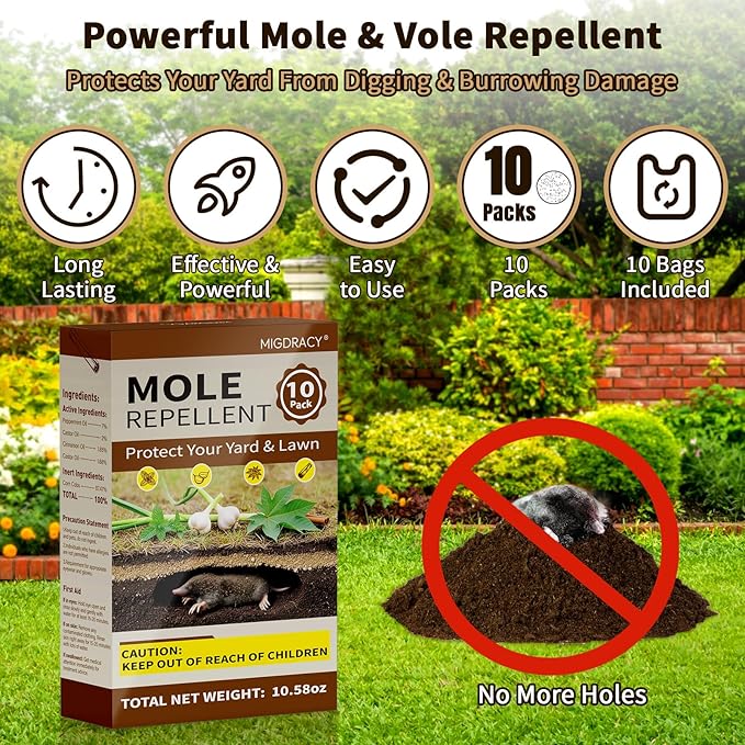 Powerful Mole & Vole Repellent Balls for Yard, Repel Groundhug, Armadillo, Mole, Vole, Gophers, Natural Essential Oil Formula, Safe for Kids & Pets, Long-Lasting Outdoor Yard Protection