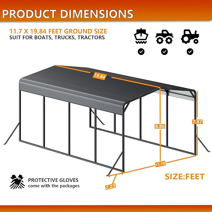 15x25 12x20 FT Heavy Duty Metal Carport, Black All-Weather Car Shelter with Reinforced Steel Frame & Leak-Proof Roof, 100MPH Wind Resistance for Cars, Boats, Trucks, Outdoor Parties