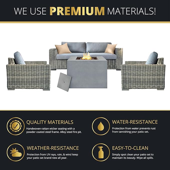 Mazatzal 4 Piece Outdoor Patio Furniture Set with 32 Inch Square Propane Fire Pit, Wicker Rattan Outdoor Loveseat and Stationary Chairs, Aluminum Frame, Includes Fire Glass & Wind Guard