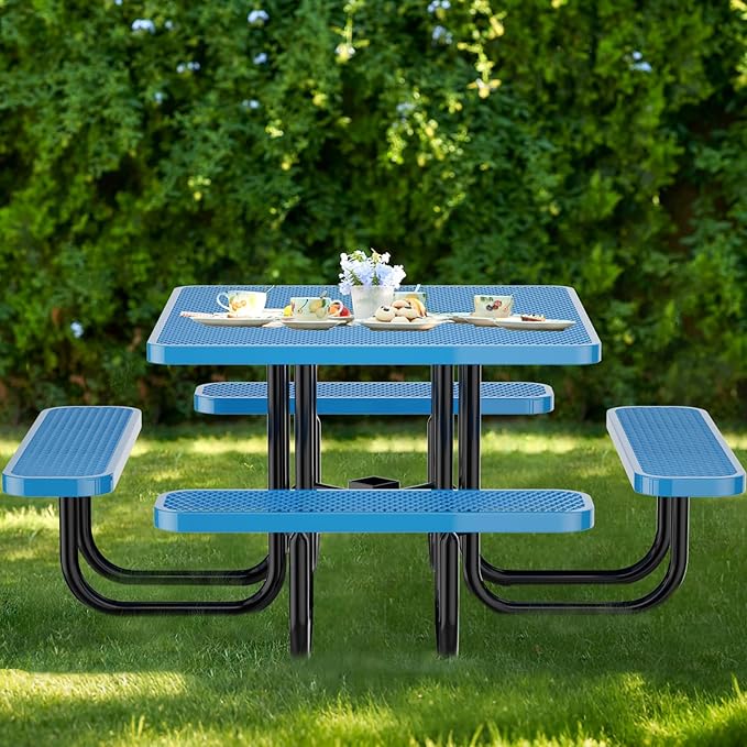 46" Square Top Outdoor Picnic Table Set for Up to 8 Persons, Outside Table Set with 4 Built-in Benches, Metal Commercial Grade Dining Furniture with Umbrella Hole for Garden, Backyard, Patio, Blue