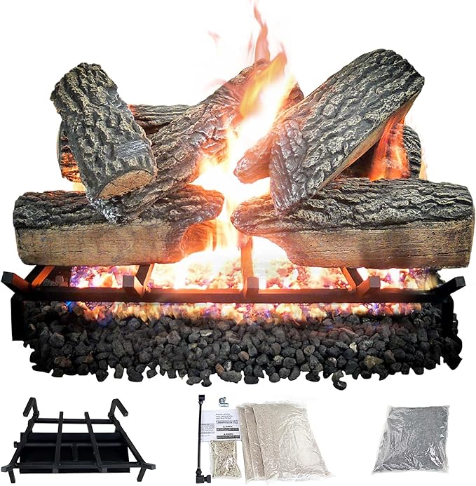 24" Premium Gas Logs - Match Light Kit Included - for Natural Gas Vented Fireplaces - Blazing Oak Design (Logs + Match Light Kit)