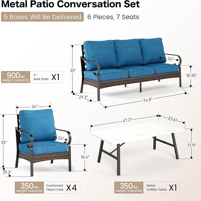 SUNSHINE VALLEY 6 Piece Metal Outdoor Patio Furniture Set, Patio Conversation Sets with 3-seater Couch, 4 Single Sofa (5.75" Extra Thick Cushion) & Coffee Table, Black Frame Backyard Furniture, Blue-2
