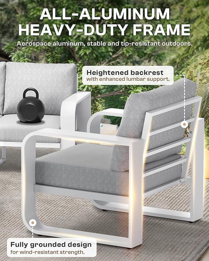 Oasbira Aluminum Outdoor Sofa Bistro Set, Oversized Patio Conversation Sets Widened Armrest & Ultra-Thick Cushions, Deep Seating Patio Furniture Set for Backyard, Porch, White