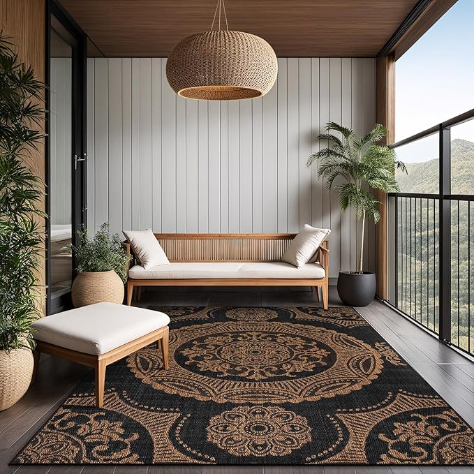 Medallion Outdoor Rug 9x12 Washable Outside Carpet for Indoor Patio Porch Waterproof Easy Cleaning Non Shedding Area Rugs Nut Brown 9 x 12