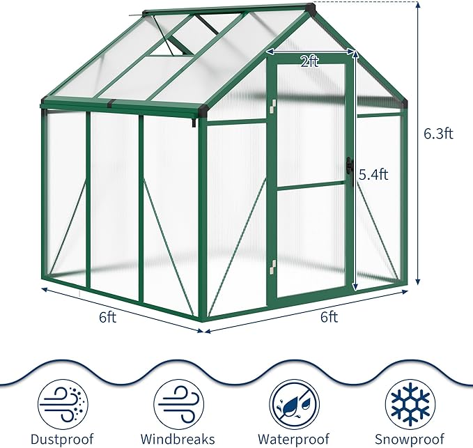 6×6 FT Greenhouse, Large Walk in Greenhouses for Outdoors and Garden Planting, Polycarbonate Greenhouse with Enhanced Aluminum Frame, Green Houses with Quick Setup Structure and Roof Vent, Green