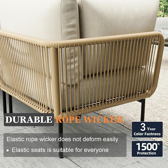 9 Piece Modern Outdoor Rope Wicker Sectional Patio L-Shaped Conversation Sofa Set Deep Seating with Thick Cushions