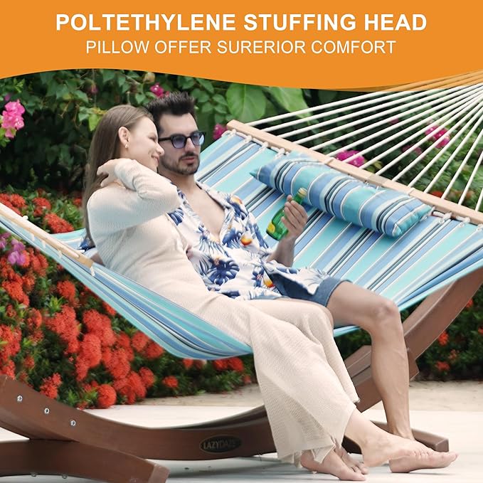 Lazy Daze Hammocks 12 FT Sunbrella Fabric Hammock with Spreader Bars and Free Pillow Fits for 2 Persons, All Weather and Fade Resistant for Patio Yard, 450 lbs Capacity, Dolce Oasis