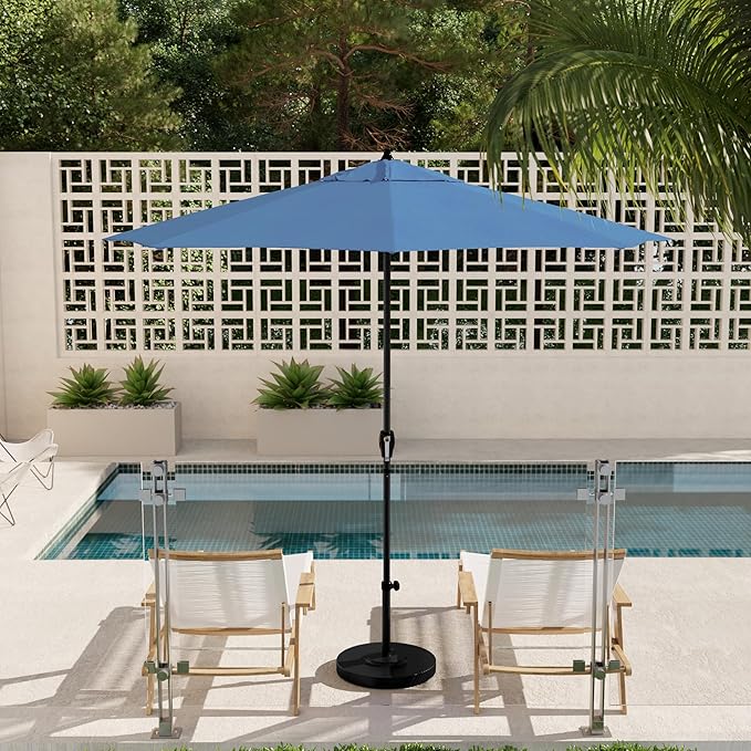 California Umbrella 9' Rd Aluminum Patio Umbrella, Crank Lift, Auto Tilt, Black Finish, Sunbrella Cyan