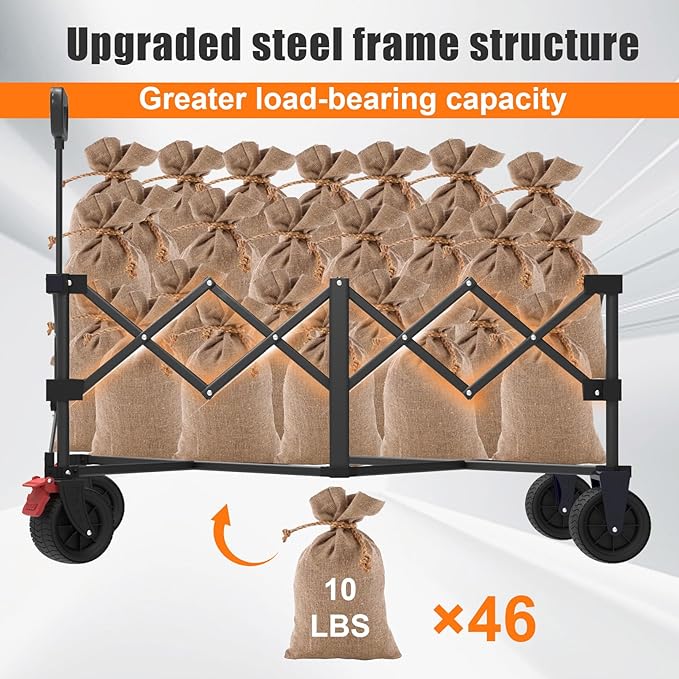 41" L Collapsible Large Wagon Cart Foldable, 460LB Weight Capacity 220L Heavy Duty Folding Beach Wagons with Big All-Terrain Wheels, Utility Carts for Camping, Garden, Shopping, Sports, Black