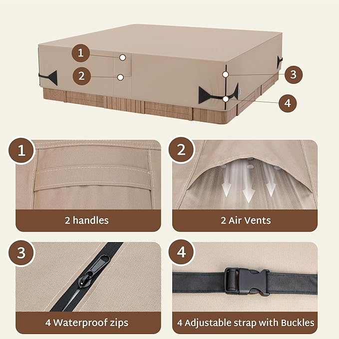 iBirdie Outdoor Waterproof and Weatherproof Hot Tub Cover 80 x 80 inch fit 79 x 79 or 78 x 78 or 77 x 77 Square SPA 600D Heavy Duty Cover Protectors Protective Cap, Brown