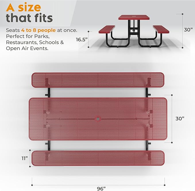 Commercial Heavy-Duty Metal Picnic Table - ADA Compliant, Adjustable Seats, Umbrella Hole (Red, 8' Rectangular, Punched Steel)