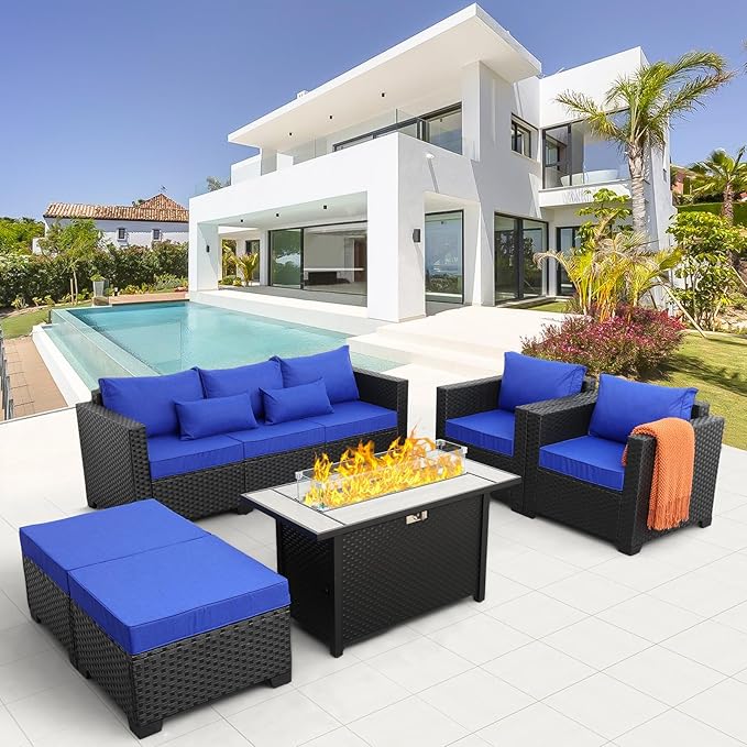 Rattaner Outdoor Patio Furniture 60000 BTU Outdoor Propane Fire Pit Table Patio Furniture Set 45" Outdoor Fire Pits 6 Pieces Patio Sofa Outdoor Chairs Anti-Slip Cushions Waterproof Covers, Royal Blue