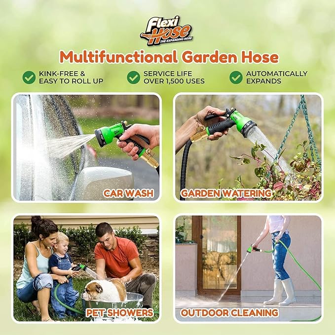 Flexi Hose PLUS with 8 Function Nozzle Expandable Garden Hose, Lightweight & No-Kink Flexible Garden Hose, 3/4 inch Solid Brass Fittings and Double Latex Core, 150 ft Black