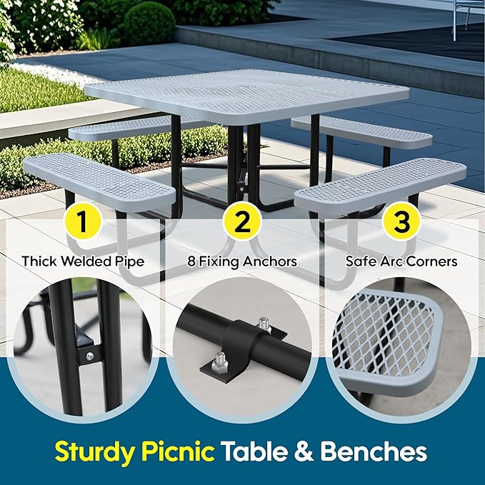 HIMcup 46" Square Picnic Table W/Benches,Heavy Duty Metal Picnic Table Set with 2in Umbrella Hole, 1600 lb Capacity,Commercial Dining Table Furniture for Yard Patio Lawn Party Coffee Shop