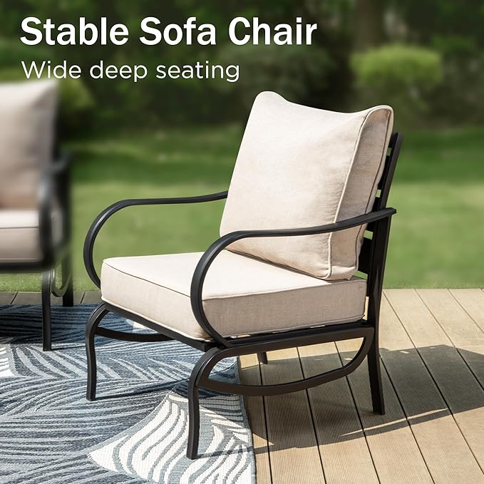 PHI VILLA Patio Furniture Conversation Set for 2, Deluxe Outdoor Patio Set with 2 Stable Padded Sofa Chair