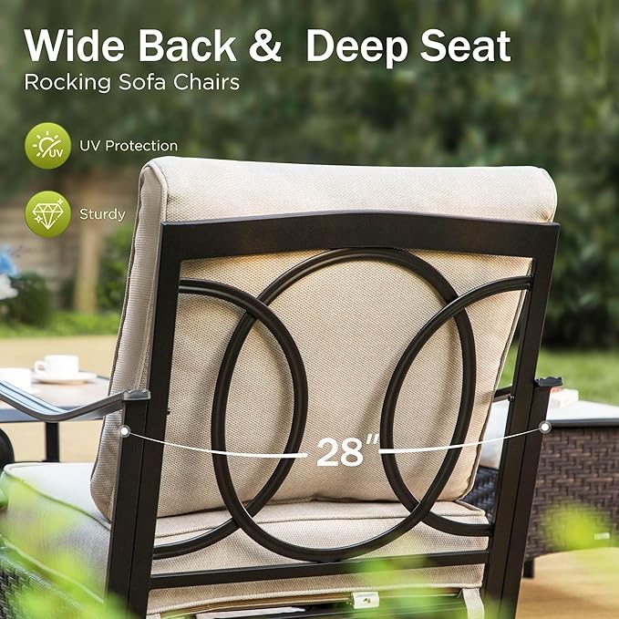 PHI VILLA Outdoor Modern Patio Furniture Set, Upgraded Wicker&Metal Patio Furniture Conversation Set with Waterproof Thick Cushions for Porch, Poolside, Deck, and Yard (6 Pieces,Beige)