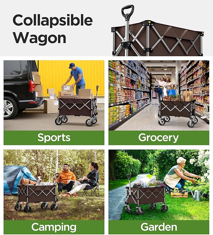 Collapsible Folding Wagon Cart with Large Wheels & 150L Capacity | Heavy-Duty Foldable Utility Wagon for Groceries, Camping, Beach, Sports & Garden Use | Compact Storage, No-Tool Setup-Khaki