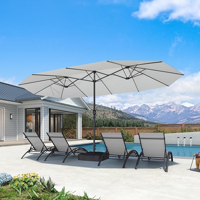 PURPLE LEAF 15ft Patio Market Umbrella with Base Double-Sided Rectangle Outdoor Table Sun Umbrellas with Crank 12 Heavy Duty Sturdy Ribs for Pool Beach Deck Backyard Cream