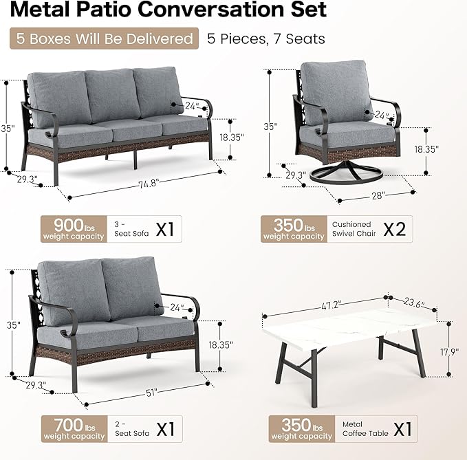 SUNSHINE VALLEY 5 Piece Metal Outdoor Patio Furniture Set, Patio Conversation Sets 1 3-Seater Sofa, 2-Seater Sofa, 2 Swivel Sofa with 5.75" Thick Cushion & Coffee Table Black Backyard Furniture, Gray
