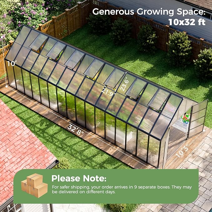 32x10x10 FT Outdoor Greenhouse, Easy Assembly Large Thicker Aluminum Polycarbonate Kit, 7 Vent Windows, Walk-in, for Outside, Sunroom, Patio, Backyard