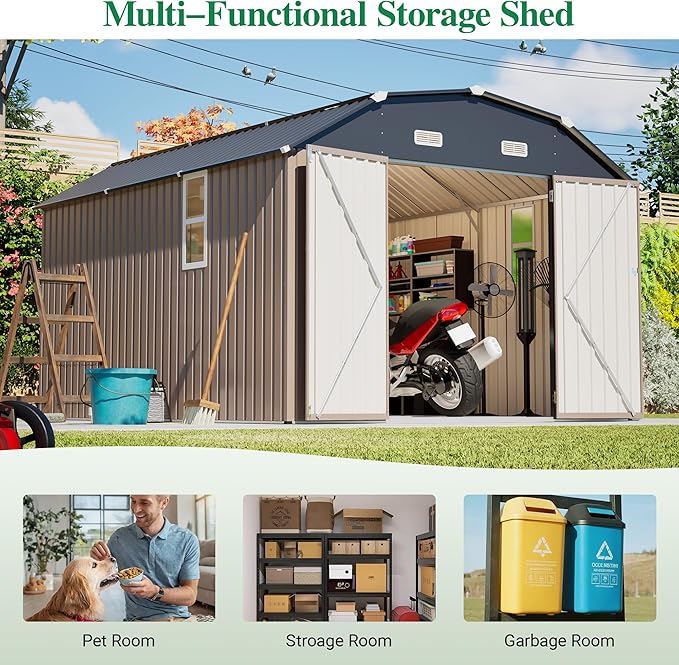 Outdoor Storage Shed, 10 X 12 FT Large Metal Utility Tool Sheds with Floor Frame & Windows, Steel Garden Shed with Updated Frame Structure for Backyard Patio Lawn, Brown