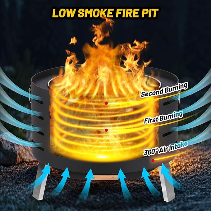 GarveeLife 26 in Smokeless Fire Pit with Removable Ash Pan, Wood Burning Firepit Table with Fire Poker,Smokeless Outdoor Fireplace with Carrying Bag, Outdoor Fire Pits for Bbq, Table, Bonfire, Camping