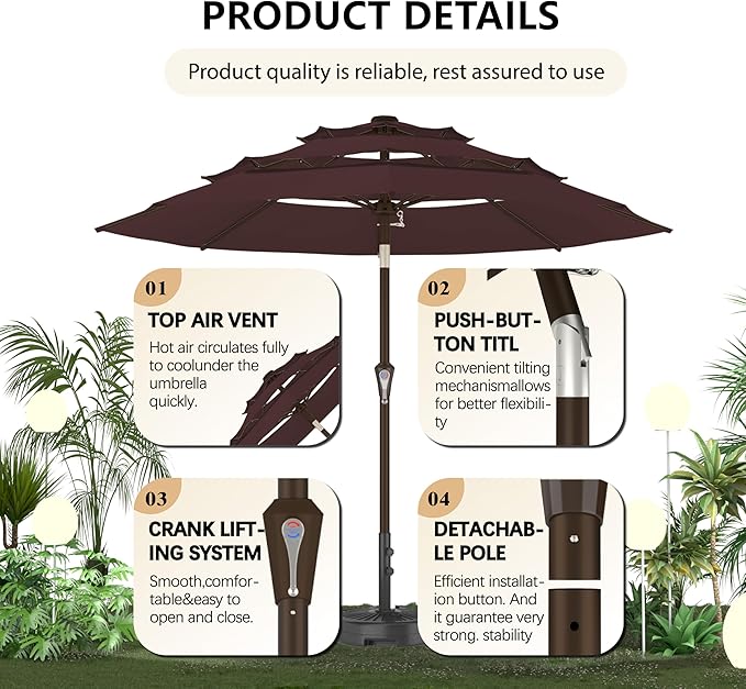 Ayge 9FT 3-Tier Large Outdoor Patio Umbrella Market Table Umbrella-UV Resistant,Easy Push Button Tilt and Crank,8 Sturdy Fiberglass Ribs Heavy-Duty Pool Umbrella for Deck,Backyard,Garden,Yard,Brown