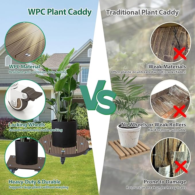 mondaria 2 Pack Plant Caddy with Wheels, 15.7" Wood Plastic Composite Plant Stand, Heavy Duty Square Plant Dolly with Metal 360° Lockable Caster Wheels for Large Plant Pots, Flower Pot ,Dark Brown