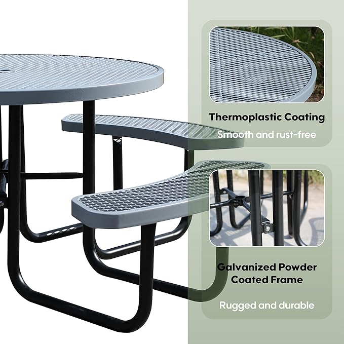Sunnibety 8-Person Picnic Tables for Outdoors, Industrial 46" Expanded Metal Round Picnic Table with 4 Benches & Umbrella Hole, Outside Table and Bench Set for Park, Garden, Backyard, Patio, Grey