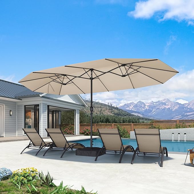 PURPLE LEAF 15ft Patio Market Umbrella with Base Double-Sided Rectangle Outdoor Table Sun Umbrellas with Crank 12 Heavy Duty Sturdy Ribs for Pool Beach Deck Backyard Khaki