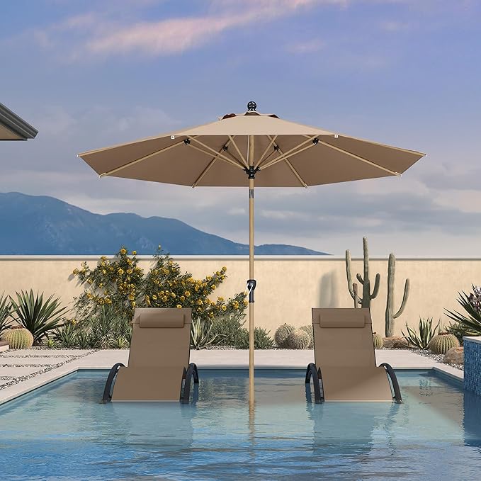 PURPLE LEAF 9 Feet Patio Umbrella with Base Market Umbrella Round Outdoor Umbrella with Push Button Tilt & Crank and 8 Ribs Aluminum Outdoor Table Umbrella for Garden Deck Balcony, Taupe