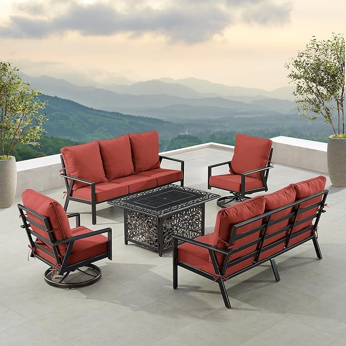 Oakland Living Black Aluminum Patio Fire Table Set with Two Deep Seating Sofa with Cushions and Two Club Chairs with Red Cushions