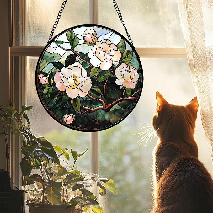 AMDERVEN Stained Glass Suncatcher, Light Pink Flowers Green Leaf Sun Catcher Plant Stain Glass Window Hanging Decoration Mother's Day Birthday Gifts for Women Men Mom Nana 11.8 in