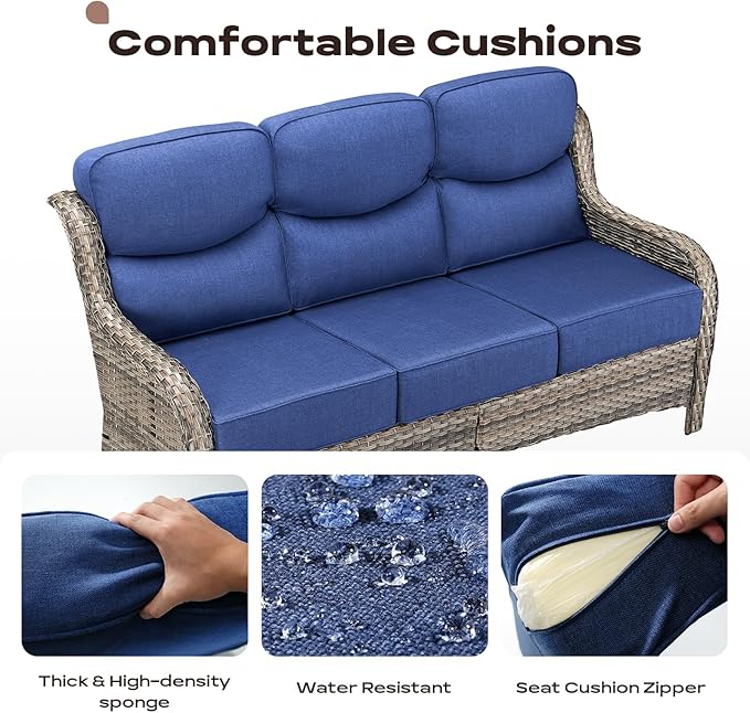 Rilyson Wicker Outdoor Patio Furniture Set - 6 Piece Patio Conversation Sets with Swivel Rocker Chairs, Ottomans, Sofa and Coffee Table, 6 inch Cushions, Deep Seating, for Porch Deck Mixed Grey/Blue