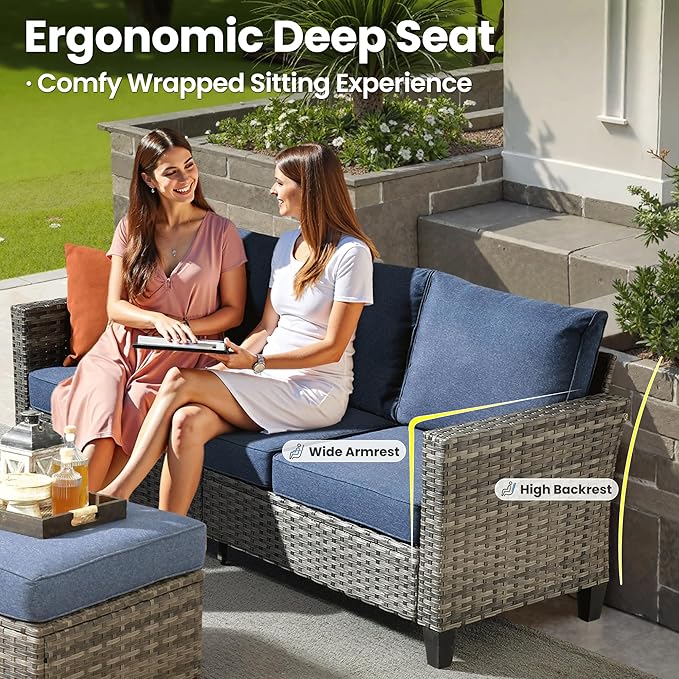 ovios 8 Pieces Patio Furniture Set with 30" Fire Pit Table, Outdoor Wicker Sofa with Comfy Cushions, All Weather High Back Rattan Couch Conversation Set, Denim Blue