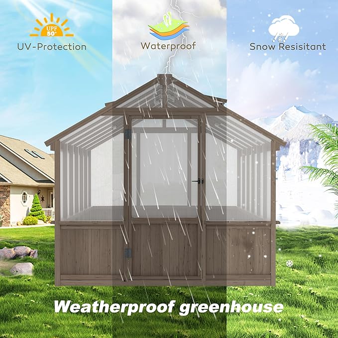 VEIKOU 8’x12’ Greenhouses for Outdoors, Walk-in Wood Greenhouse with Cedar Frame & Adjustable Vent, Garden Green House with 6MM Thick Polycarbonate Panel for Outside, Backyard, Light Brown Mocha