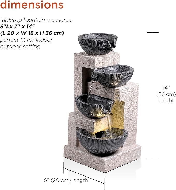 Alpine Corporation WIN1578 14" Cascading Tabletop Bowl Fountain with LED Lights – Elegant Water Fountain for Home, Office, Living Room, Bedroom, and Desk, Gray
